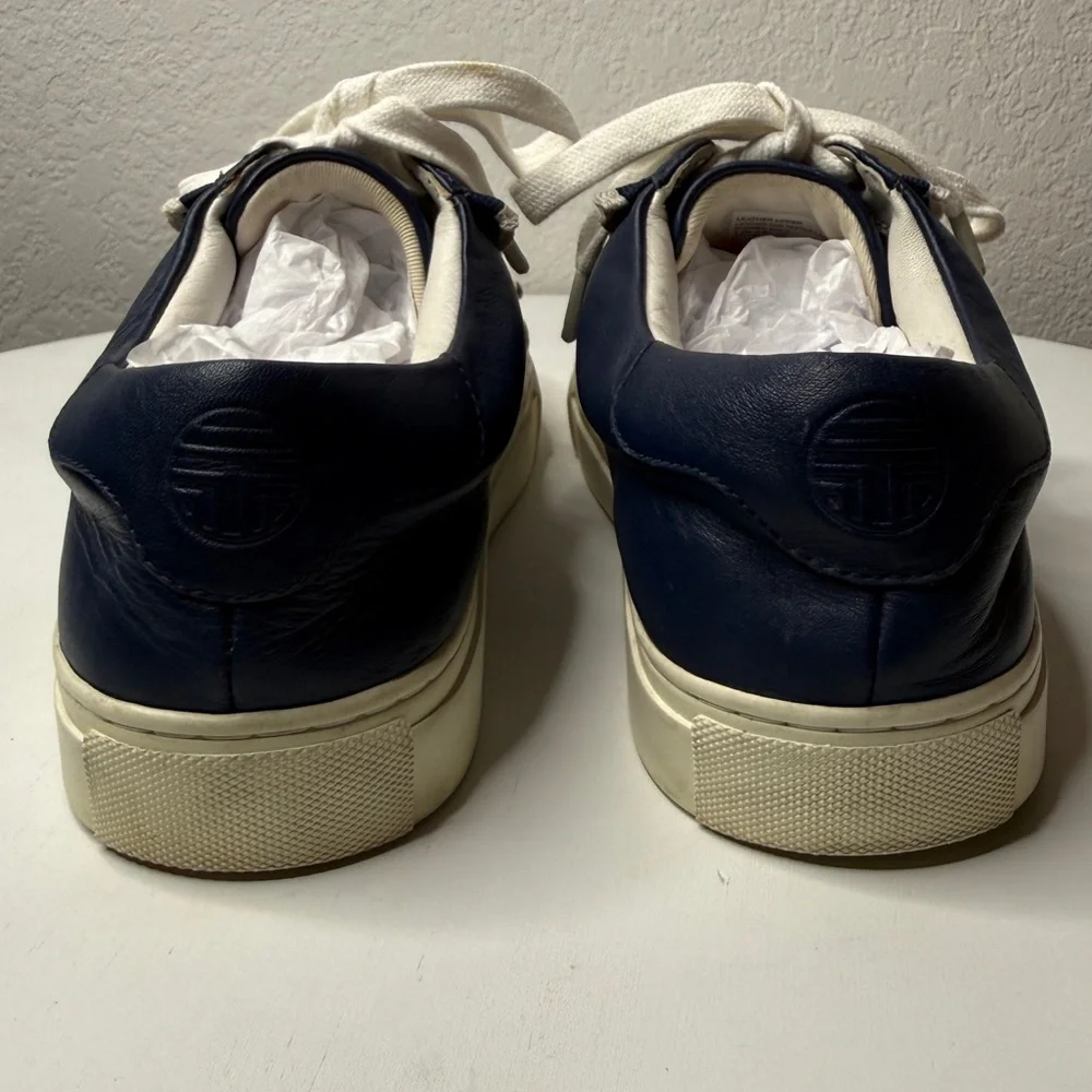 Tory Burch Sport Blue Ruffle Leather Lace Up Low Top Sneakers Logo Size 8.5